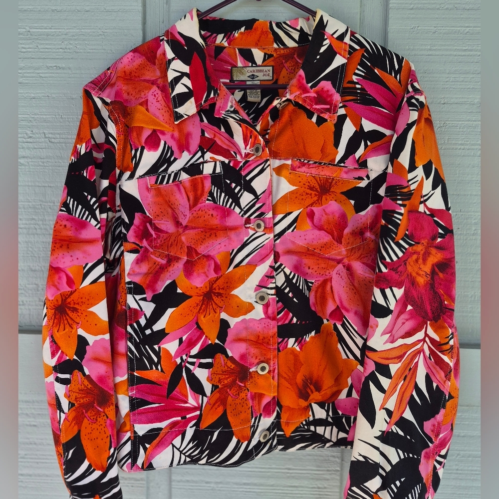 Caribbean Joe Bright Multicolor Tropical Floral Crop Style Jean Jacket Size XL